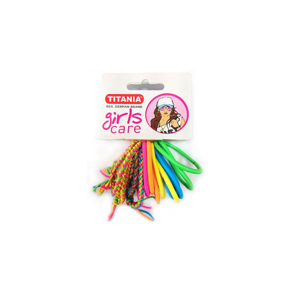 TITANIA-HAIR-ELASTICS-10-PCS-EACH-COLOUR-YELLOW-ORANGE-GREEN-BLUE-PINK-AND-4-PCS-CURLED-MIXED-COLOURS-ART-NR-7993
